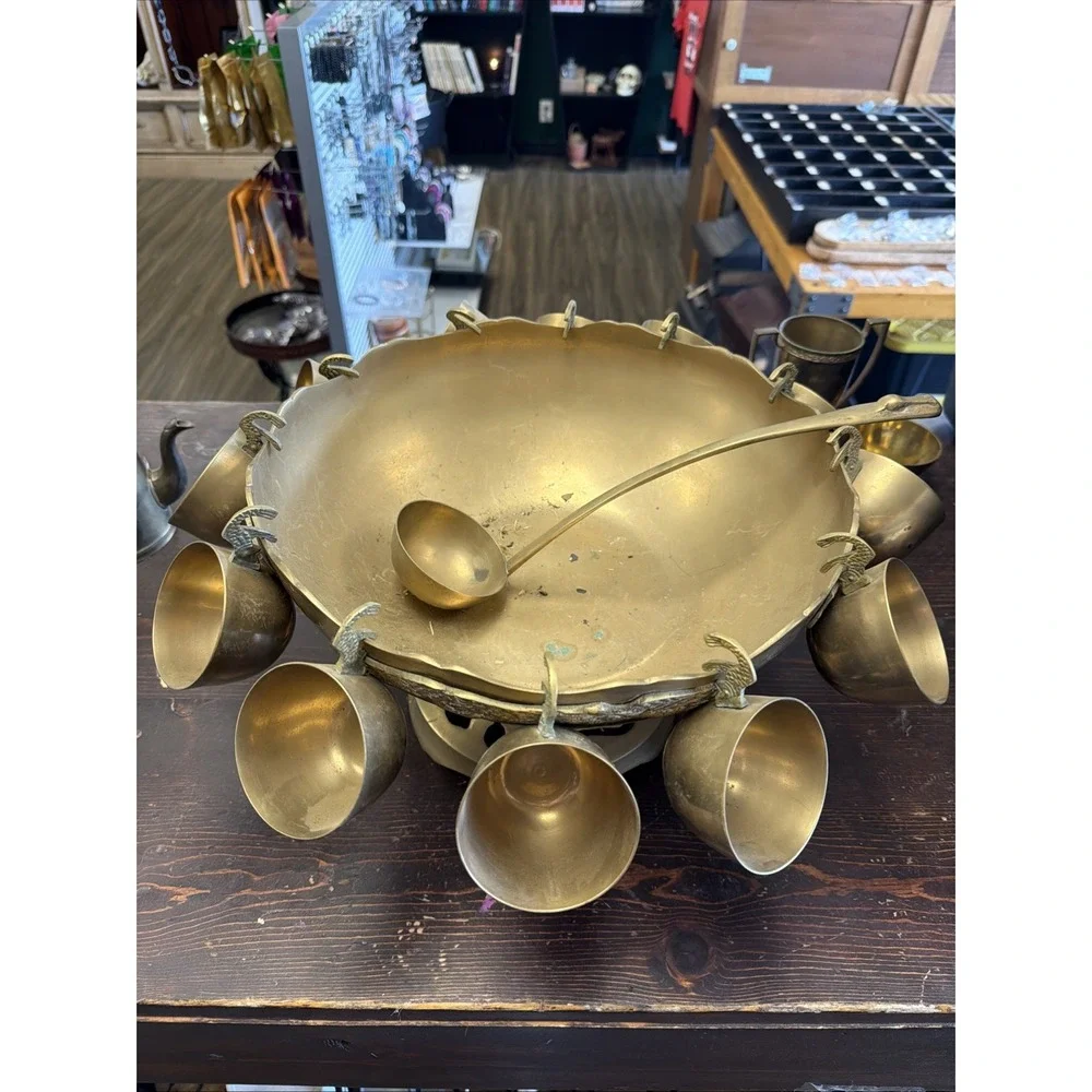 Vintage Brass Punch Bowl Set With 12 Cups and Ladle.